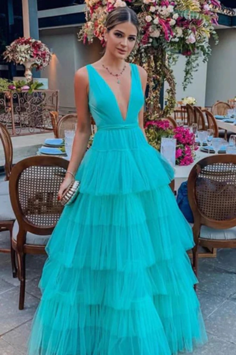 Blaues, modisches V-Ausschnitt, elegantes A-Linien-Kleid mit langem bodenlangem Tüll-Ballkleid, Abendkleid für Hochzeitsgäste, Partykleid gh980