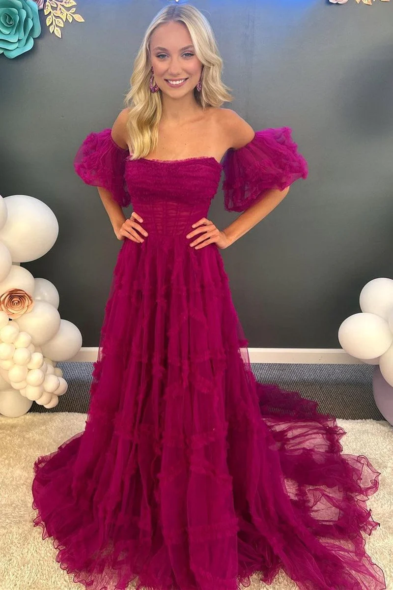 A-Linie, trägerlos, langes Abendkleid mit Rüschen und Puffärmeln gh2702