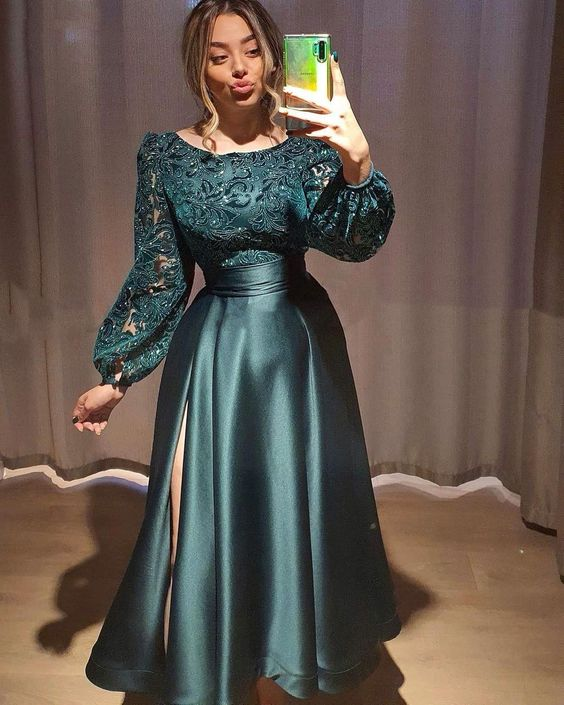Grünes Satin-Abendkleid mit langen Ärmeln, Partykleid, Spitze, Abendkleid gh2756