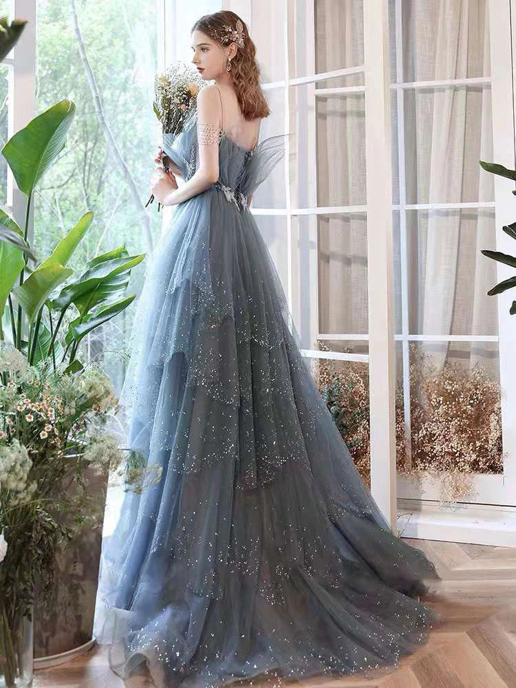 Wunderschönes, funkelndes, exquisites, mit Perlen besetztes, langes Tüll-Ballkleid-Abendkleid mit Strasssteinen und mehrlagigem Kleid gh1001