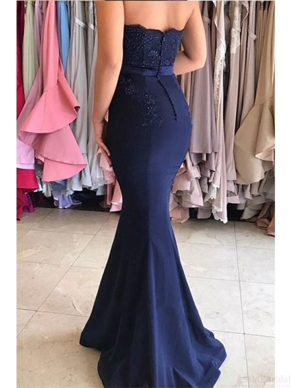 Meerjungfrau-Ballkleid mit herzförmigem Ausschnitt und Spitzenapplikationen, Marineblaues langes Brautjungfernkleid gh2712