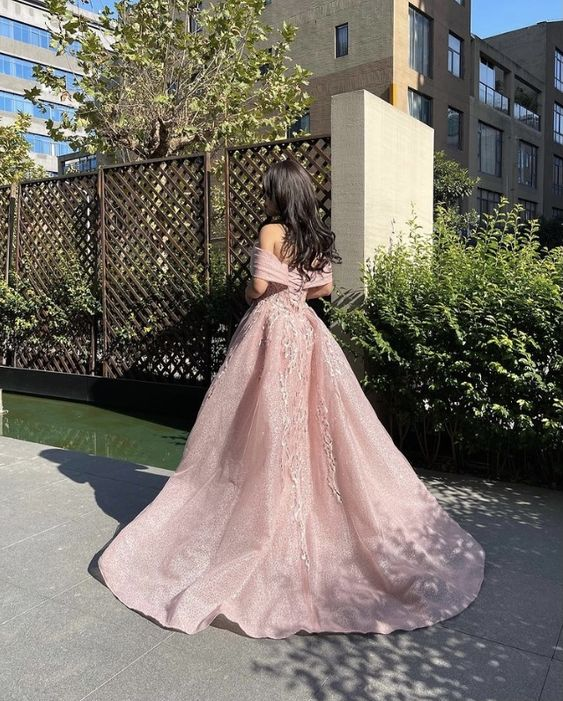 Rosa Glitzer, exquisite Perlen, schulterfrei, A-Linie, elegantes langes Tüll-Ballkleid, Abendkleid, Märchenprinzessinkleid gh2752
