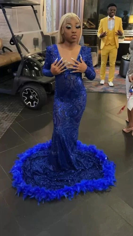 Pailletten Meerjungfrau Ballkleider Königsblau Sexy Partykleid mit Feder gh2983
