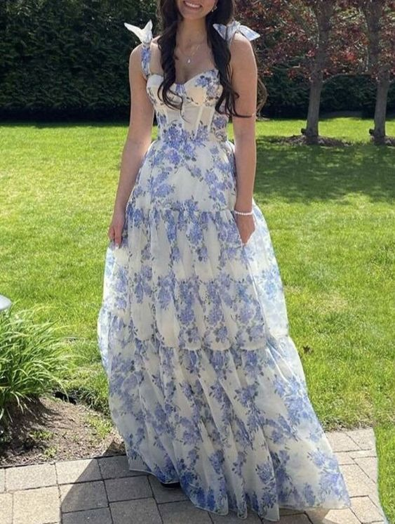 Blaues Ballkleid mit Spaghettiträgern und Blumenmuster gh2792