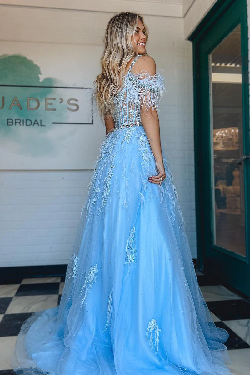 A line V Neck Lace Tulle Prom Dress with Beading and Feather gh2688