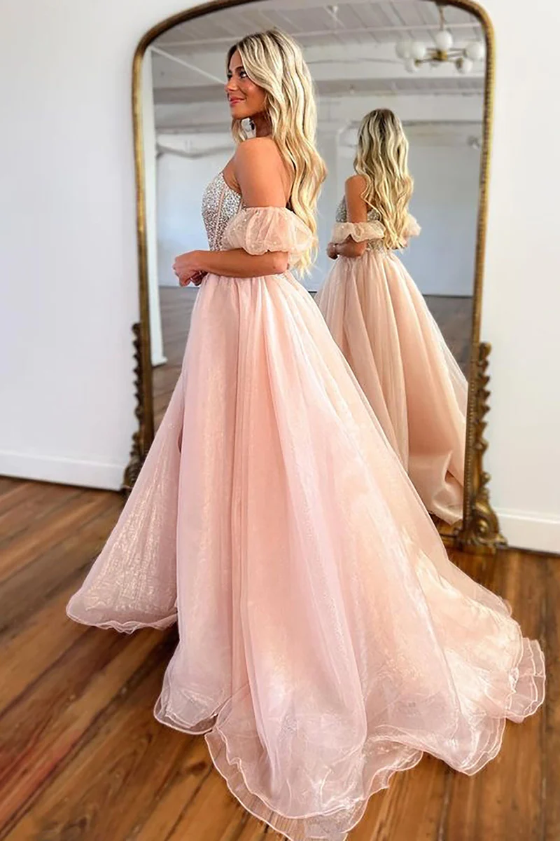 A Line Strapless Blush Corset Organza Prom Dress gh2686