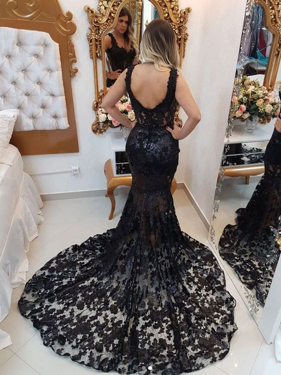 Schwarzes langes Meerjungfrau-Ballkleid mit V-Ausschnitt und Trägern aus Spitze gh2985