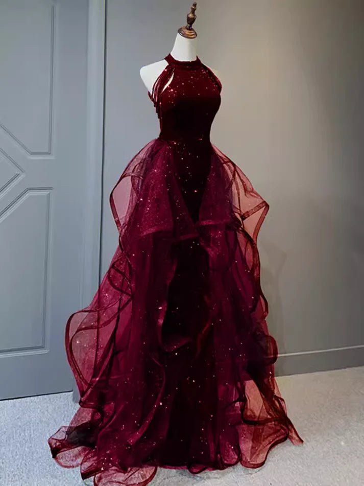 Burgund/Schwarz/Blau Glänzendes, figurbetontes, langes, elegantes Ballkleid mit Pailletten, Abendkleid gh3058