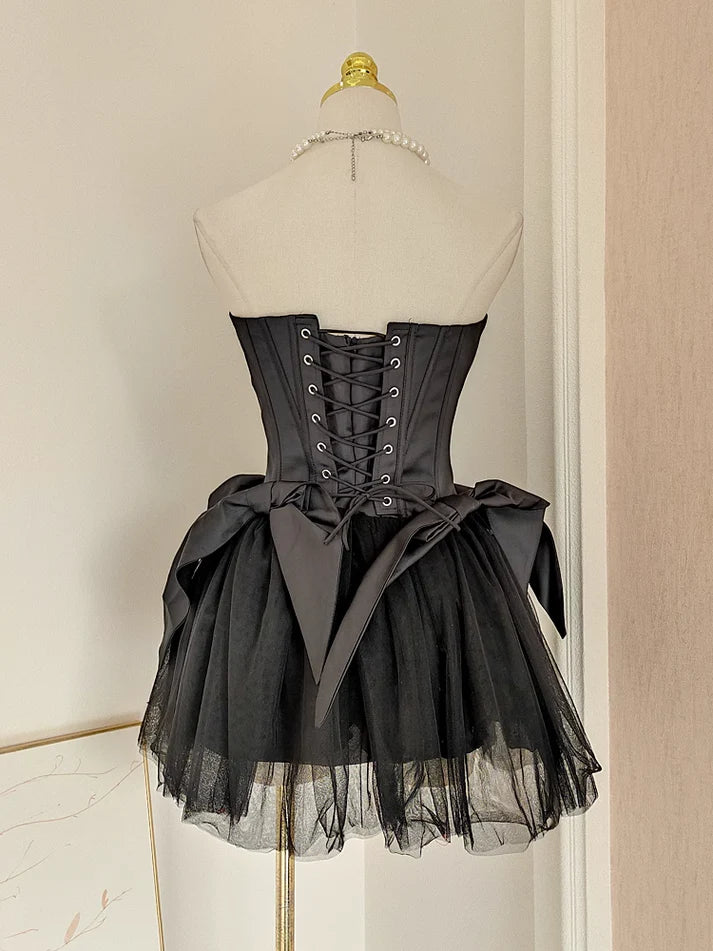 Black Sweet Cute A-line Off-shoulder Short Travel Holiday Dress Satin Birthday Dress Homecoming Dress Party Dress 11282