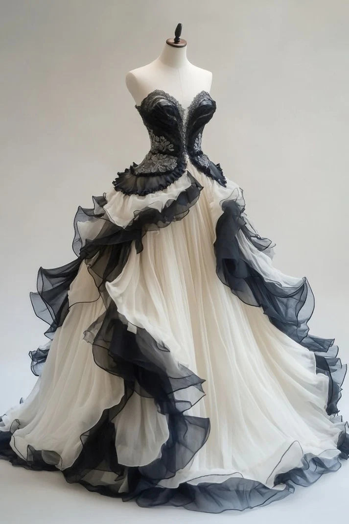 Schwarz weiß Vintage elegante zarte Spitze lange Tüll Ballkleid Abendkleid Abschlussball Partykleid Hochzeitskleid gh3421