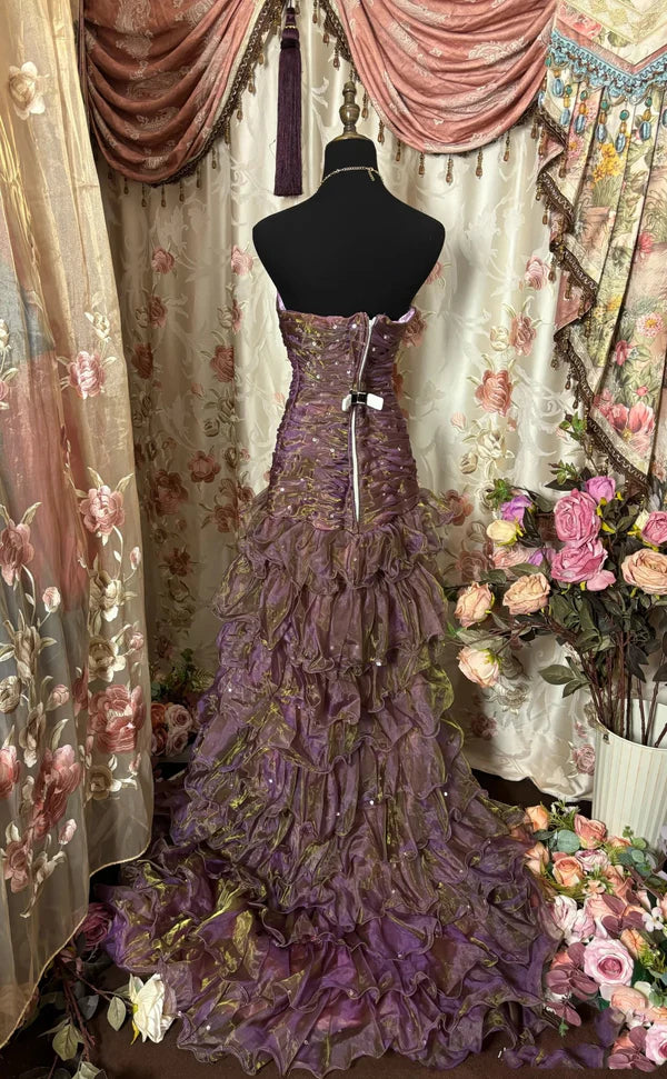 Robe bandeau à volants dégradée violette et marron : ornée de sequins, coupe sirène cintrée à la taille, robe maxi rétro élégante pour banquet (gh6589)