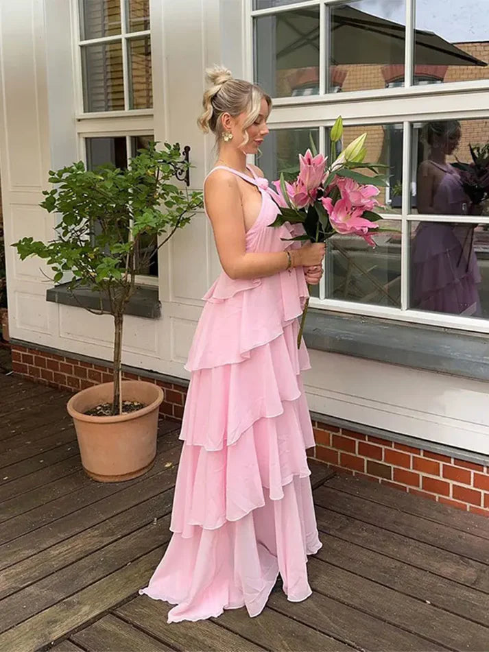 Rosa Neckholder-Mode Neckholder Rüschen Tiered Rüschen lange Chiffon Tüll Ballkleid Abendkleid Partykleid gh3100