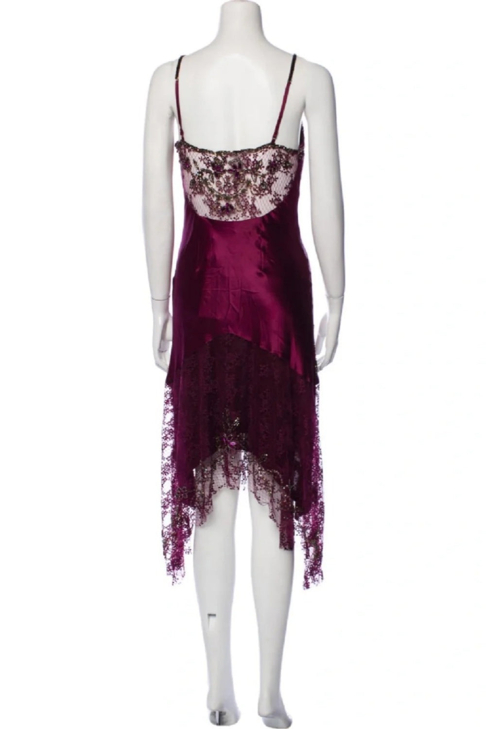 girlhomeshops - Robe midi asymétrique à fines bretelles, en satin bordeaux et dentelle, ornée de perles et de sequins (gh6308)