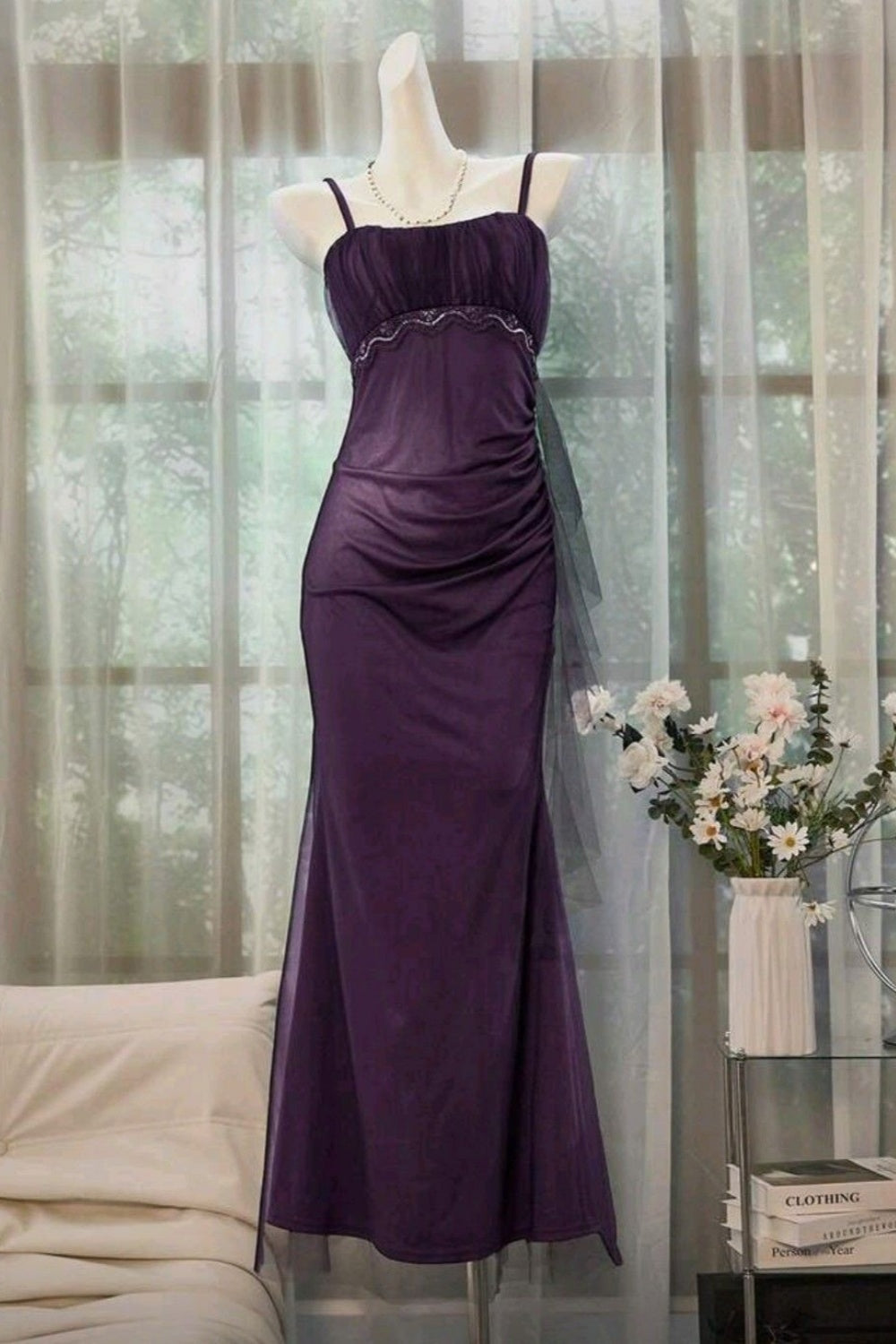 Tiefviolettes Meerjungfrauenkleid aus Tüll: Spitzenbesatz, geraffte Passform, elegantes Maxikleid für den Abend, perfekt für Dates (gh6606).