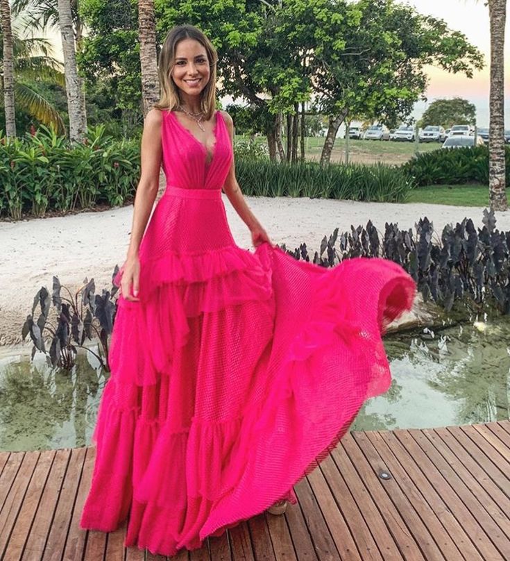 Rosa Elegante Sexy V-ausschnitt Spitze Spaghetti-trägern Lange Chiffon Rüschen Ballkleid Abendkleid Hochzeit Gast Party Kleid gh3322
