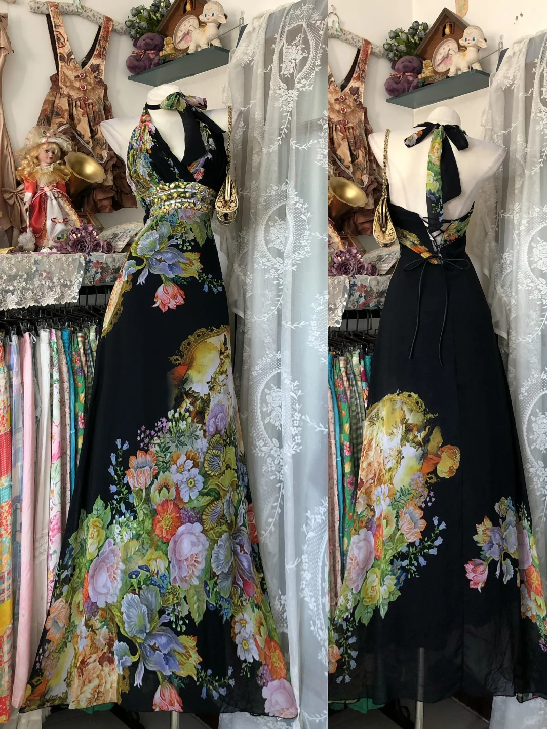 Luxury Black Base Vintage Print Halter Fitted Waist Long Prom & Evening Party Dress gh8472
