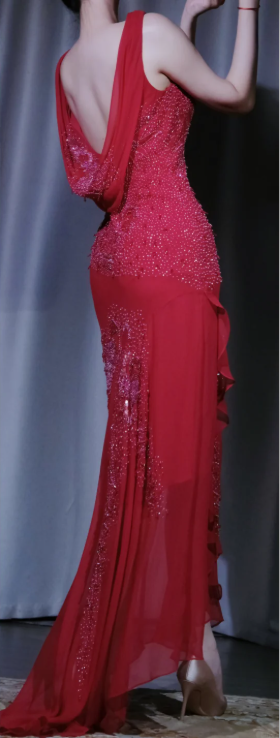 Red V Neck Beaded Evening Dress, 3D Floral Chiffon Gown with Shawl & High Slit gh9910