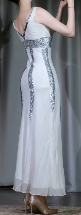Sleeveless V Neck White Chiffon Evening Dress, Silver Sequin Accent Midi Formal Gown gh9904