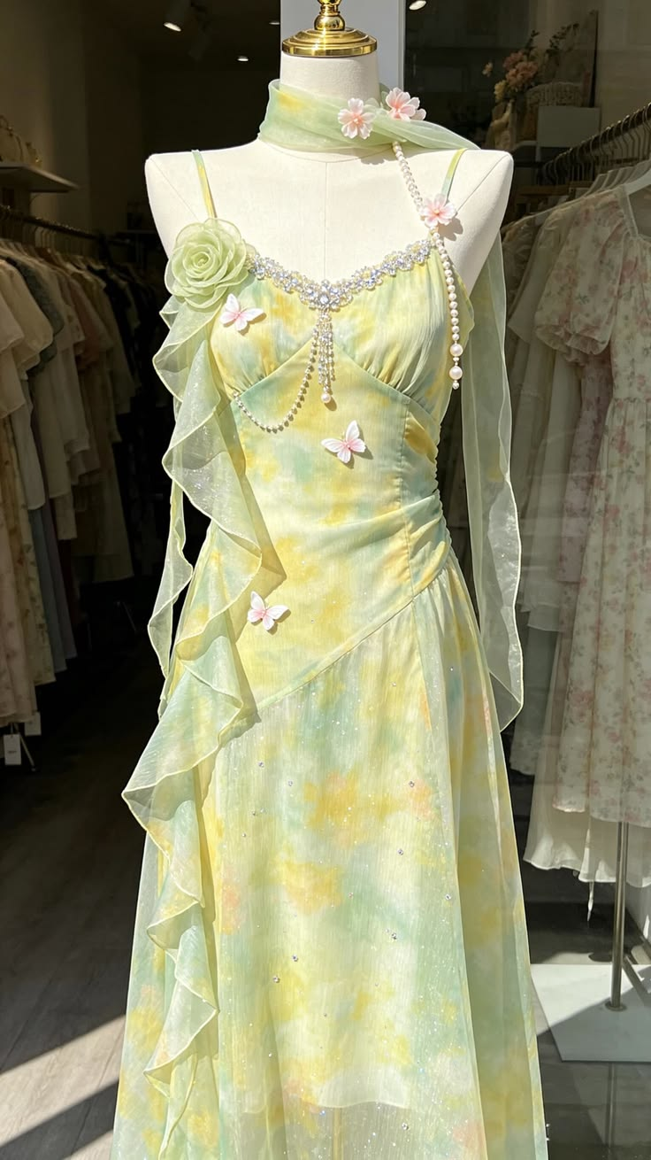 Yellow-Green Floral Spaghetti Straps Waist-Cinched Fitted Long Evening Dress, Fairy Gown, Romantic Gown gh7434