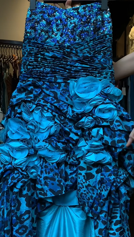 Turquoise Blue Leopard Strapless Mermaid Evening Gown 3D Flower Ruffle Beaded Long Formal Prom Dress gh9740