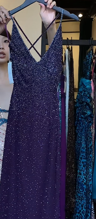 Dark Purple Fully Beaded Evening Gown V Neck Spaghetti Straps Criss Cross Back Long Prom Dress gh9735