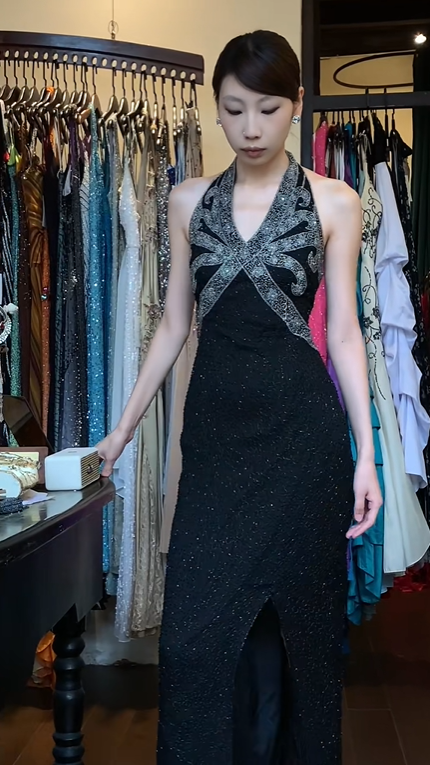 Halter Black Evening Gown Silver Cross Hand Beaded Bodice Fitted Side Slit Vintage Gatsby Long Prom Dress gh9705