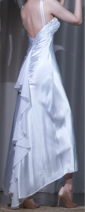 ✨Girlhomeshops-White Satin Halter Prom Dress High Slit Ruffle Mermaid Evening Gown gh9979