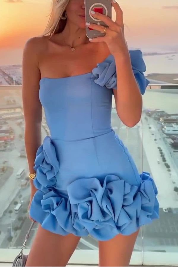 Robe de soirée courte en satin bleu/noir/blanc à fleurs, tenue de fête d'anniversaire gh4852