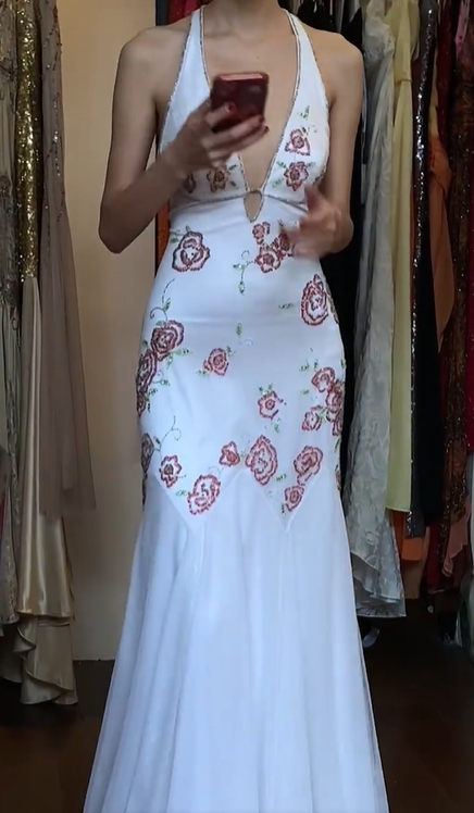 Halter Deep V White Mermaid Prom Dress Pink Rose Floral Embroidery Formal Evening Gown gh9804