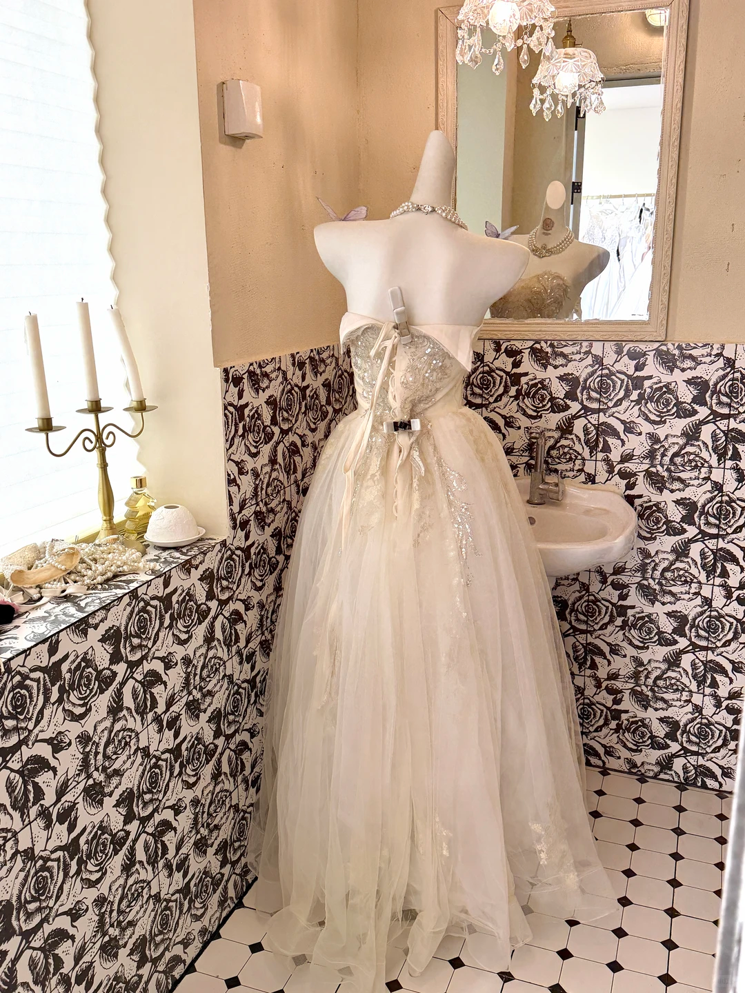Ivory Strapless Sequined Waist-Cinched Full Flared Skirt Romantic Dress, Wedding Gown gh7727