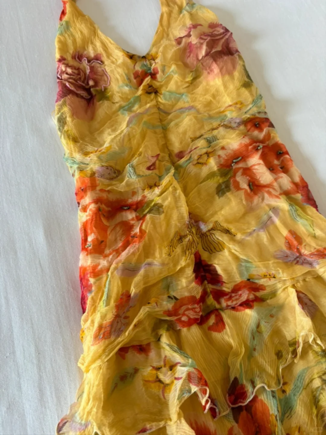 Yellow Vintage Printed Halter Fitted Waist Tiered Long Prom & Evening Party Dress gh8455
