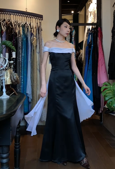 Black White Off Shoulder Long Formal Gown Satin Mermaid Evening Dress gh9645