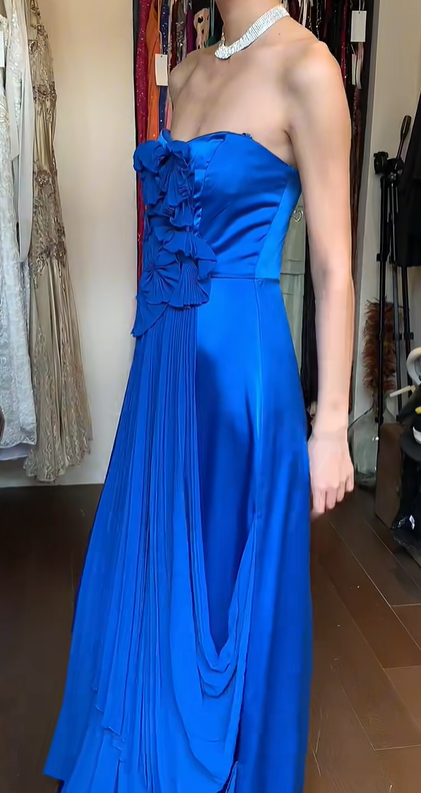Royal Blue Strapless Prom Dress 3D Ruffle Floral Long Pleated Formal Evening Gown gh9839