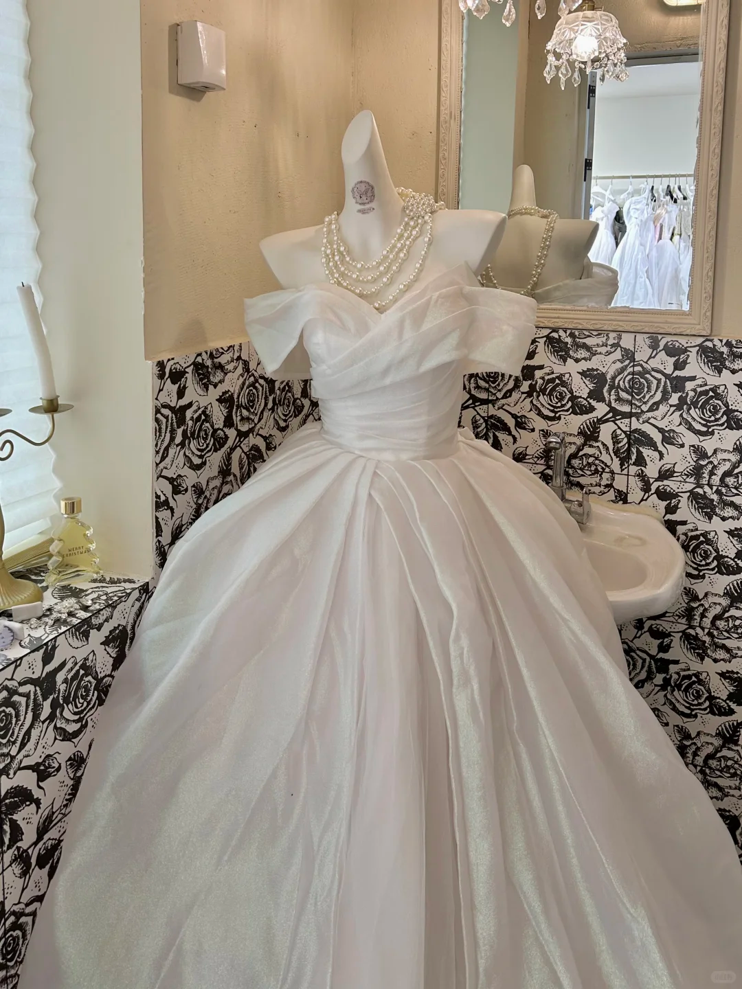 Ivory Off-the-Shoulder Waist-Cinched Voluminous Shimmer Skirt Long Romantic Dress, Wedding Gown gh7735