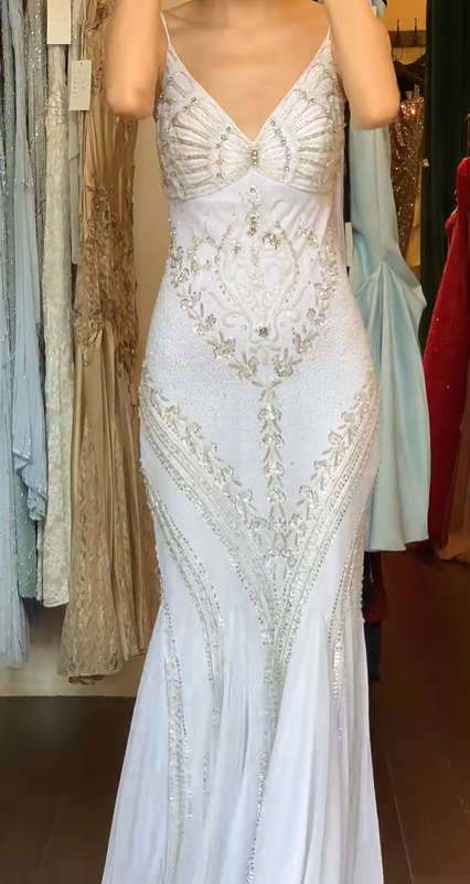 White Beaded Rhinestone Mermaid Prom Dress Spaghetti Straps V Neck Chiffon Long Evening Gown gh9838