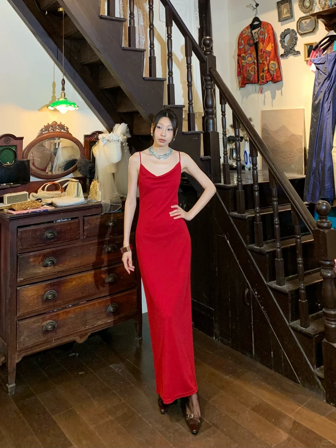 Cowl Neck Red Slip Evening Gown, Thin Straps Solid Color Straight Maxi Formal Dress gh9877