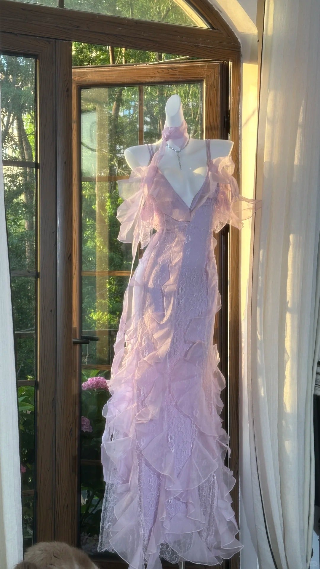 romantic party dress Lilac Lace Elegant Long Chiffon Ball Gown Evening – girlhomeshops BLACK FRIDAY IN JULY Color:Plum Leather Waist 65cm Sold off the rack