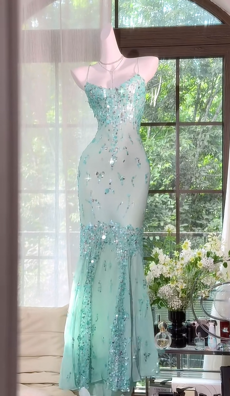 Mint Green Sheer Tulle Sequin Spaghetti Strap Mermaid Prom Dress, Chiffon Flowy Long Evening Gown gh9502