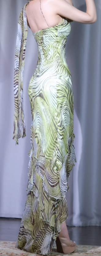 ✨Girlhomeshops-Halter Green Print Prom Dress, Asymmetrical Ruffle High Slit Chiffon Long Evening Gown gh9952