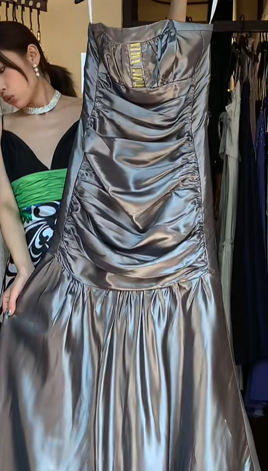 Strapless Square Neck Metallic Gray Satin Ruched A Line Long Evening Prom Dress gh9770