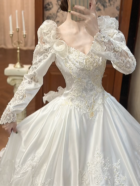 White Vintage Satin Ball Gown Wedding Prom Dress, V‑Neck, 3D Floral Shoulders, Leg‑of‑Mutton Long Sleeves, Multi‑Tier Ruffled Cake Skirt gh8685