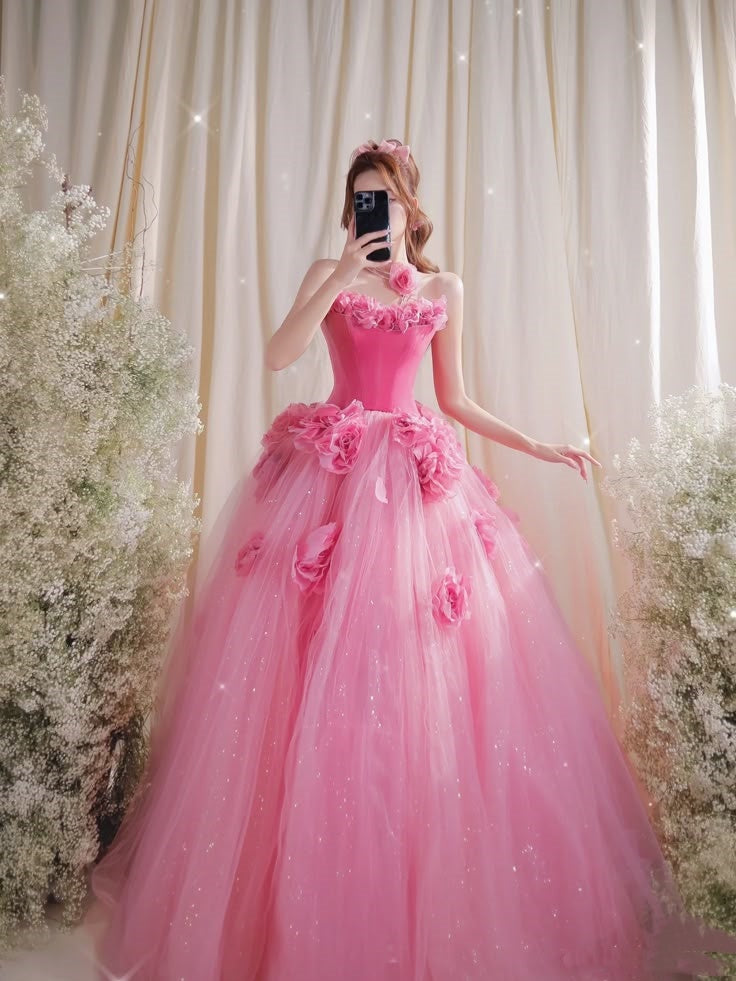 Robe de soirée longue en velours et tulle à fleurs roses, robe de bal, gh4885