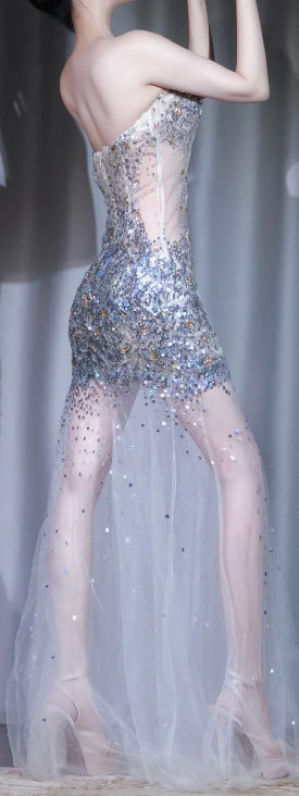 ✨Girlhomeshops-Strapless Sweetheart Sheer Tulle Sequin Mermaid Long Party Dress gh10014
