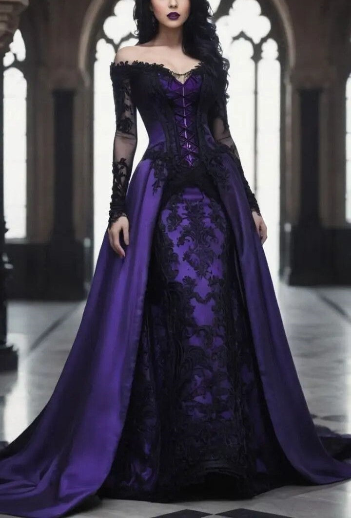 girlhomeshops - Robe de bal longue en satin et dentelle violette et noire gh6185