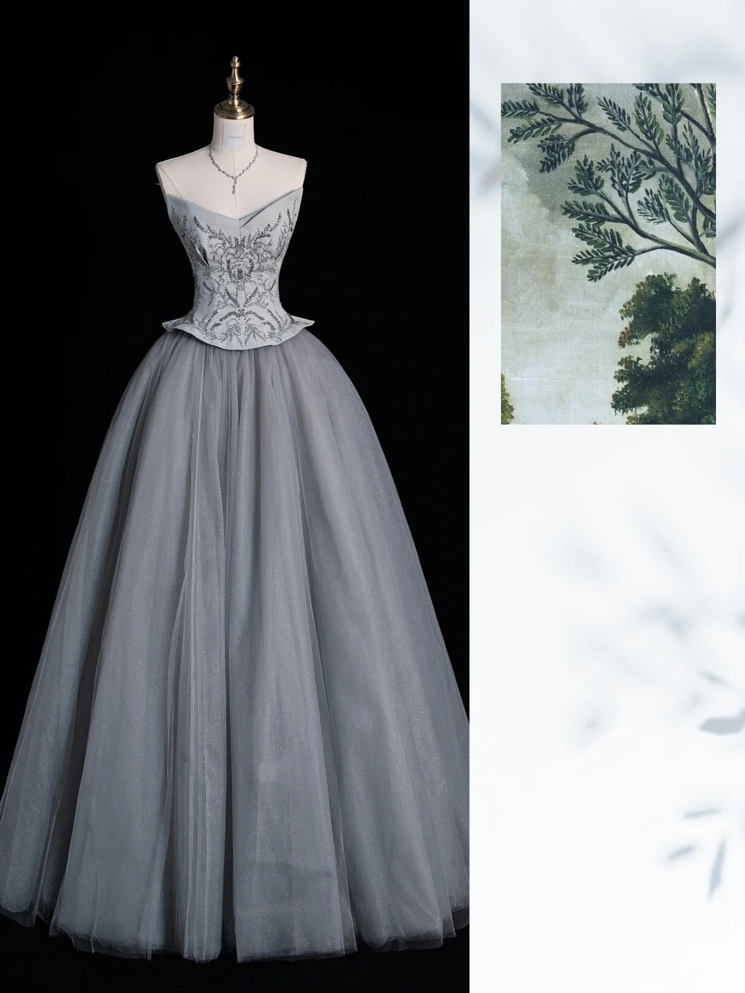 Robe de soirée bustier gris clair vintage brodée gh6747