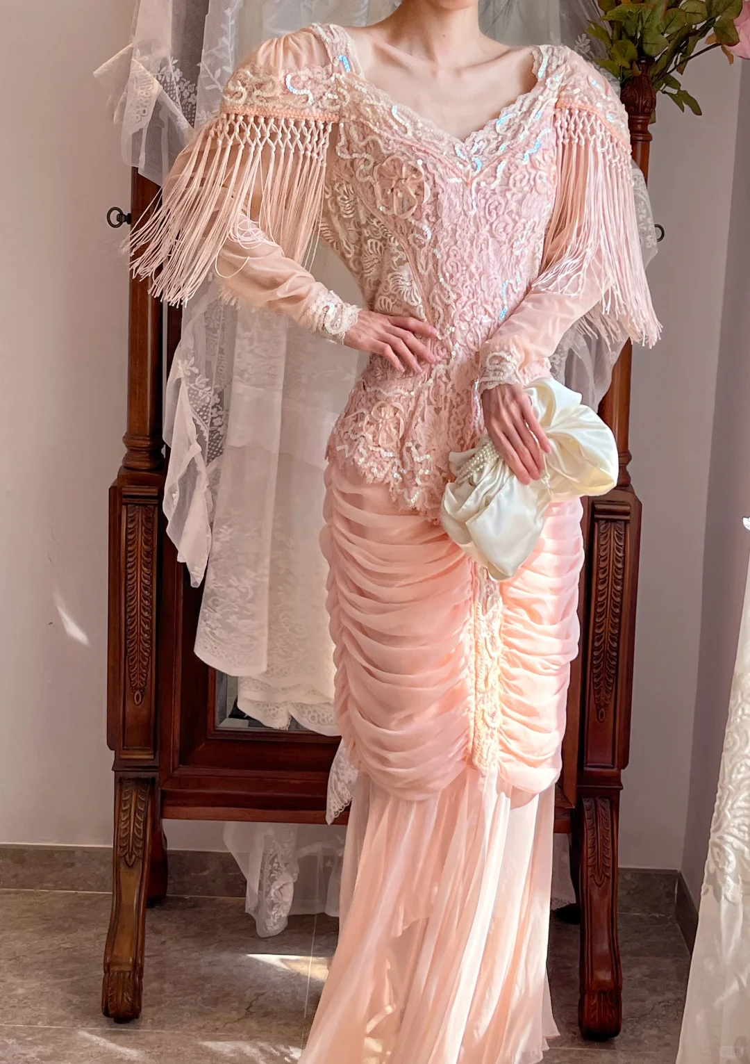 Light Peach Pink Vintage Fringe Mermaid Long Gown, Sequin Lace Formal Dress gh9301