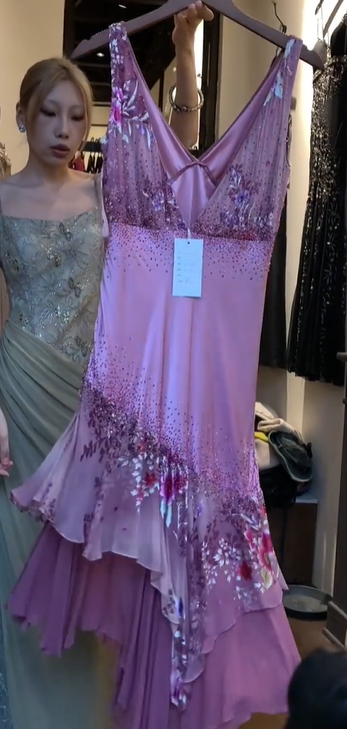 Wide Strap Lavender Prom Dress V Neck Hand Beaded Floral Print Asymmetrical Ruffle Formal Evening Gown gh9820