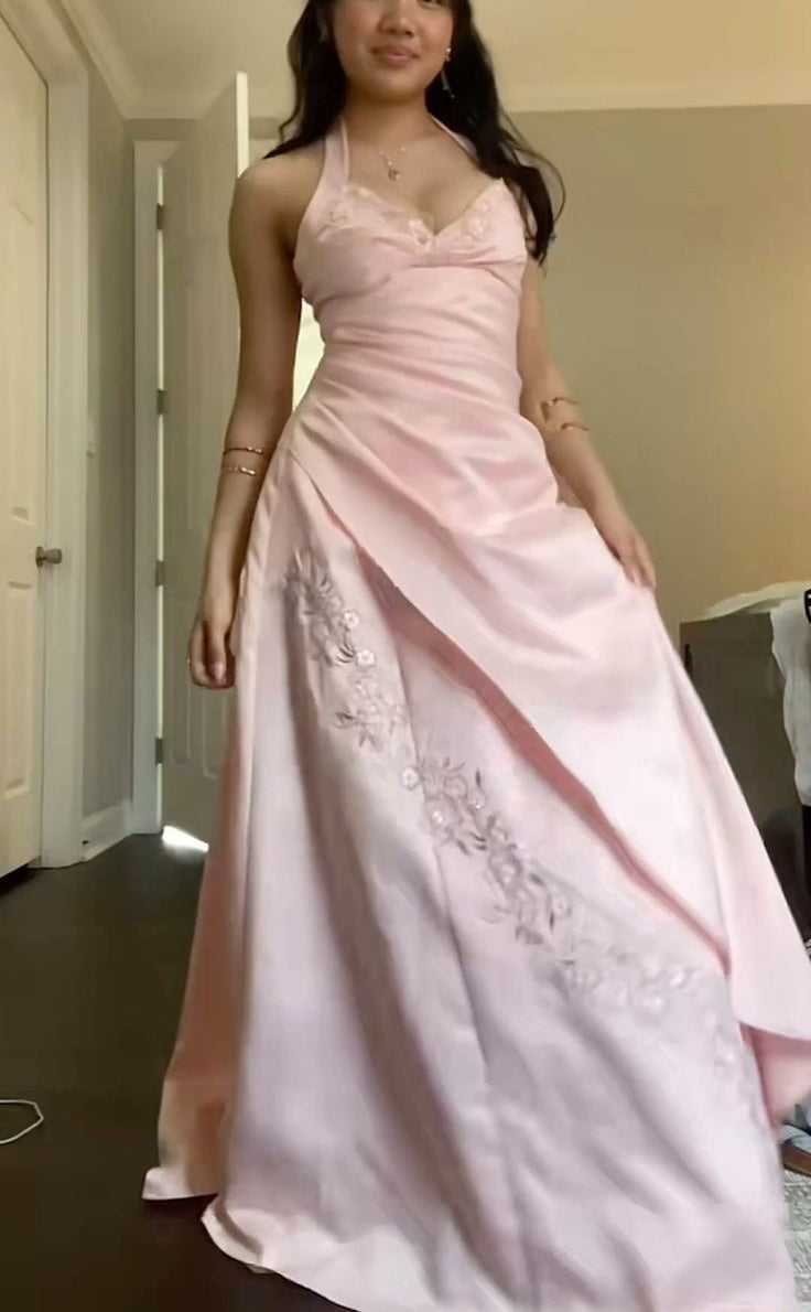 Robe de bal longue en tulle rose délicat à fleurs gh6860