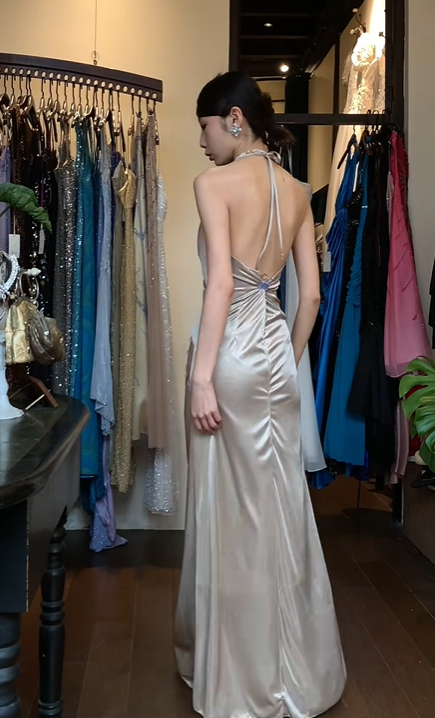 Champagne Silver Halter Long Formal Gown Satin Rhinestone Beaded Mermaid Evening Dress gh9644