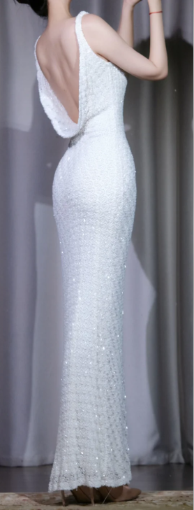 ✨Girlhomeshops-White Sequin Mermaid Evening Dress, U Neck Wide Strap Sparkly Formal Gown for Women gh9921